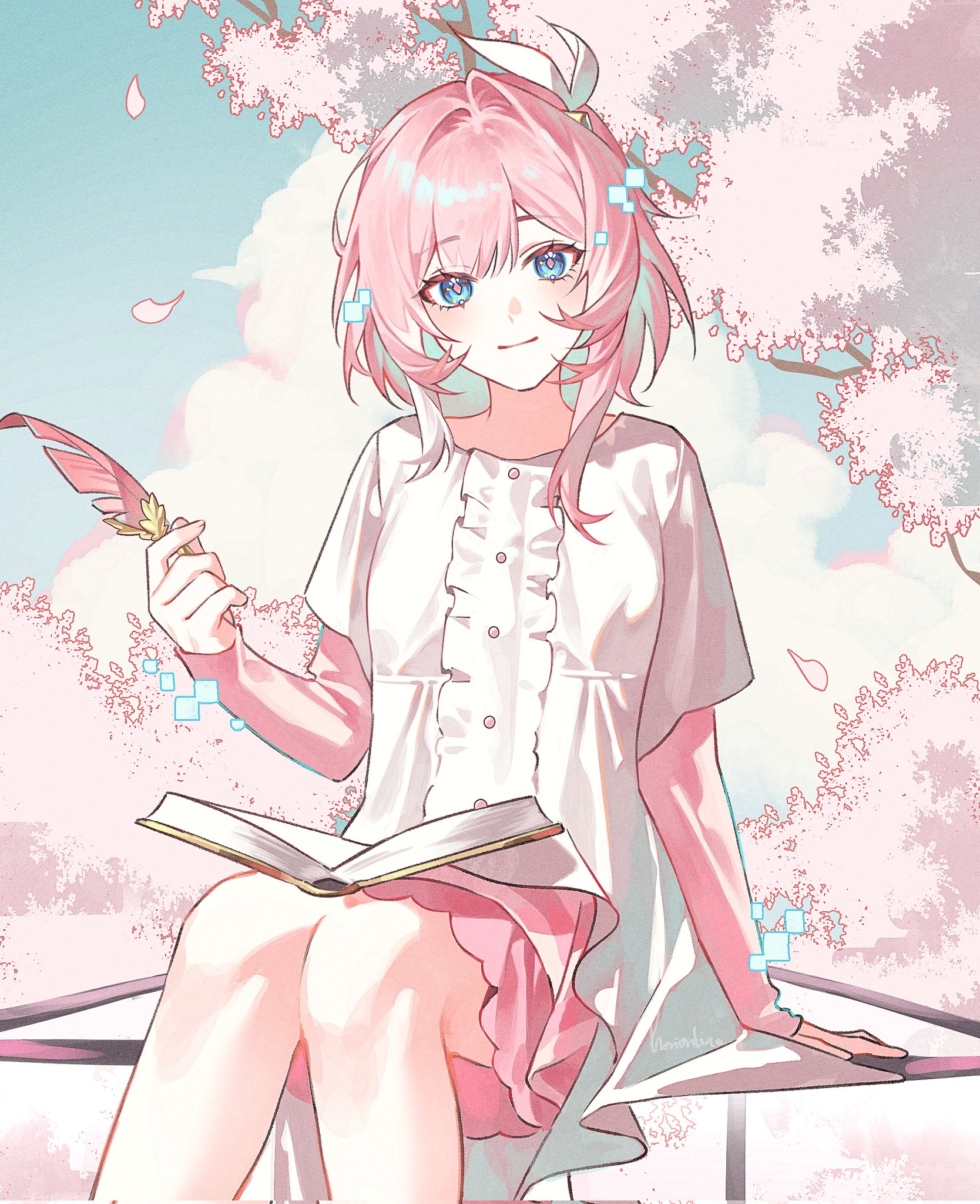 cyrene (honkai: star rail), honkai: star rail, honkai (series), commentary, english commentary, highres, 1girl, blue eyes, book, closed mouth, diamond-shaped pupils, diamond (shape), holding, holding quill, horionline, pink hair, pink pupils, pink skirt, quill, shirt, sitting, skirt, solo, symbol-shaped pupils, white shirt