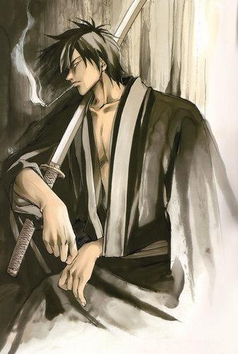 black hair, katana, male focus, smoke, smoking pipe, sword, weapon