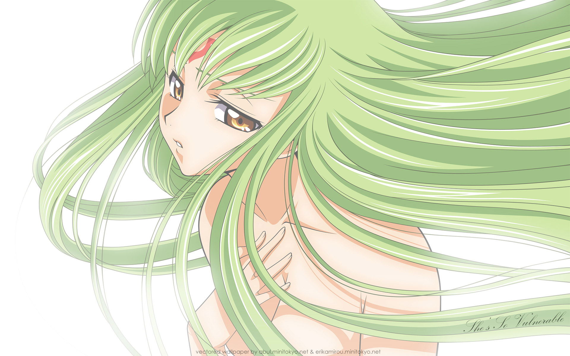 c.c., code geass, highres, 00s, 1girl, completely nude, female focus, green hair, nude, solo, watermark, white background, yellow eyes