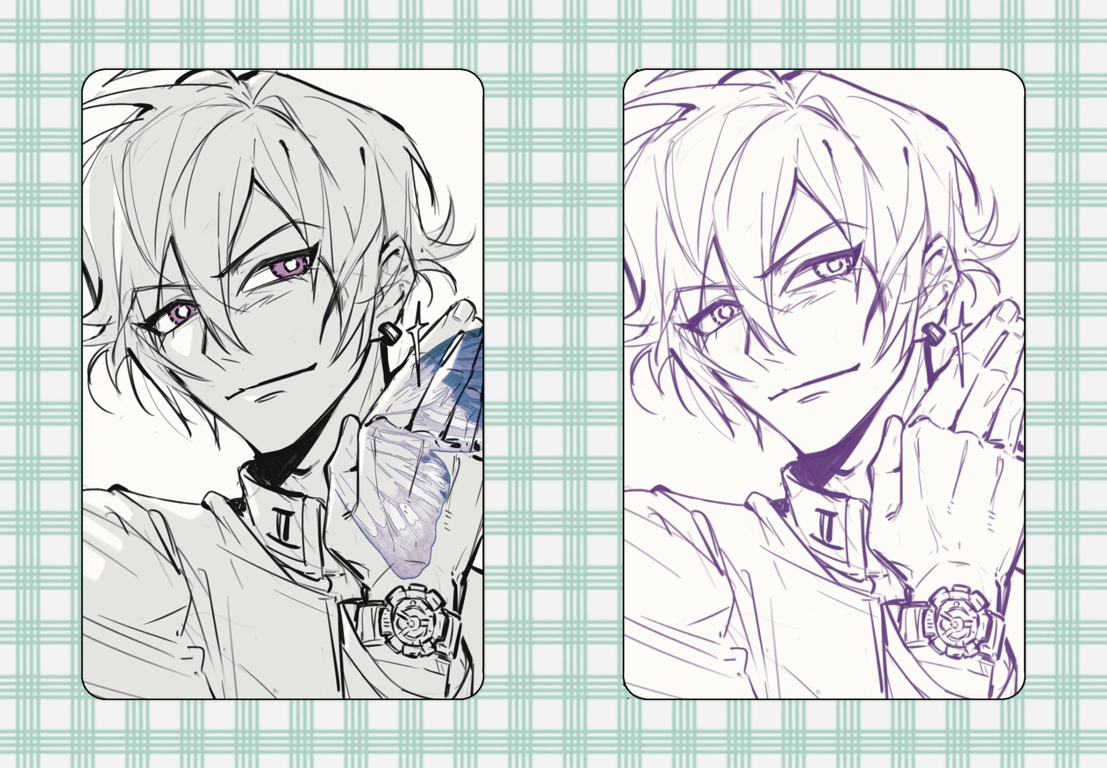 toudou naoya, persona, persona 1, commentary, highres, symbol-only commentary, 1boy, bug, butterfly, catfish05, closed mouth, earrings, insect, jewelry, looking to the side, male focus, monochrome, multiple views, portrait, purple eyes, school uniform, short hair, simple background, spot color, st. hermelin school uniform, watch, wristwatch