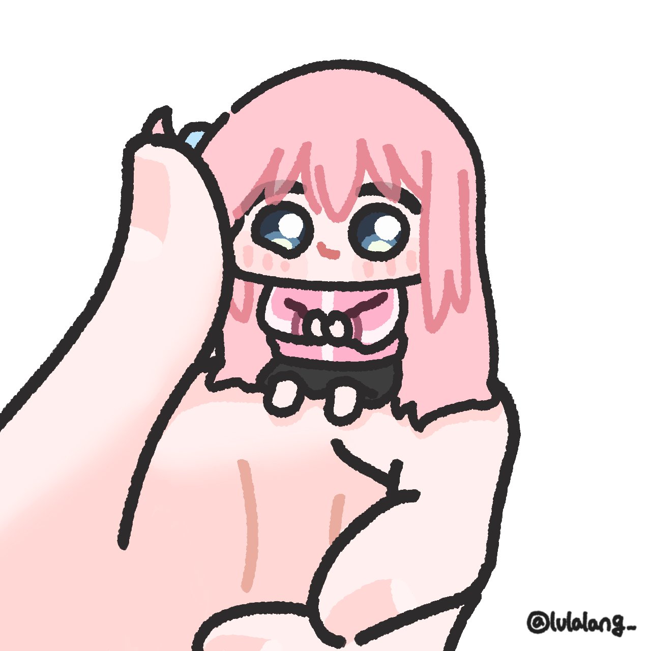 lulalang, gotoh hitori, bocchi the rock!, commentary, english commentary, highres, 1girl, 1other, black skirt, blue eyes, chibi, closed mouth, full body, holding, holding mini person, jacket, long hair, looking at viewer, mini person, minigirl, person on hand, pink hair, pink jacket, pov, pov hands, simple background, sitting, skirt, smile, solo focus, white background