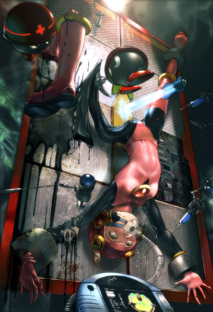 s zenith lee, roll.exe (mega man), capcom, mega man (series), mega man battle network, 00s, 1girl, amputation, bdsm, bondage, bound, guro, indoors, laser, latex, needle, oxygen mask, peril, suspension, sweat, syringe, torture, upside-down