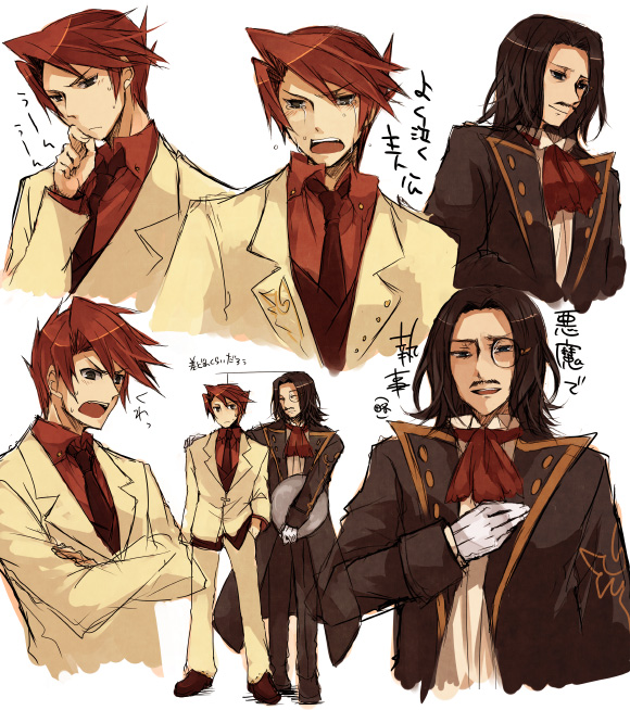 suzushiro kurumi, ronove (umineko), ushiromiya battler, umineko no naku koro ni, translation request, 00s, 2boys, black hair, facial hair, jacket, monocle, multiple boys, mustache, necktie, red hair, short hair, smirk, tears