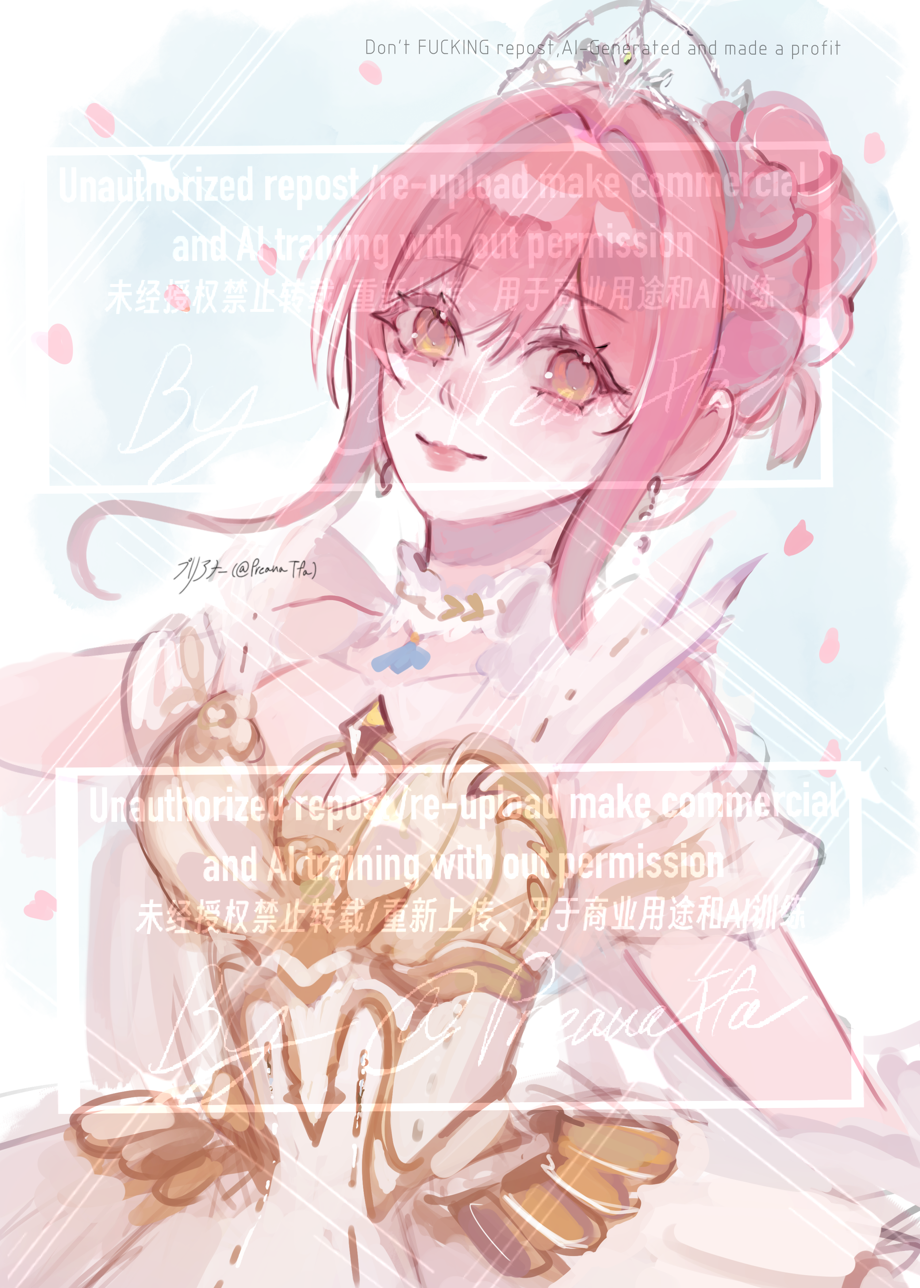 nikki (nikki), infinity nikki, nikki (series), absurdres, commentary, english commentary, highres, 1girl, armor, artist name, bare shoulders, blue background, border, breastplate, brown eyes, choker, closed mouth, collarbone, cowboy shot, detached sleeves, dress, earrings, eyelashes, frilled choker, frills, gold earrings, hair between eyes, hair bun, hair intakes, happy, jewelry, light blush, lipstick, looking at viewer, makeup, melody bloom (infinity nikki), outside border, petals, pink hair, pink lips, pleated dress, preana, see-through clothes, see-through sleeves, short hair with long locks, short sleeves, sidelocks, single hair bun, sleeveless, sleeveless dress, smile, solo, tiara, too many watermarks, watermark, white arm warmers, white border, white choker, white dress, white sleeves