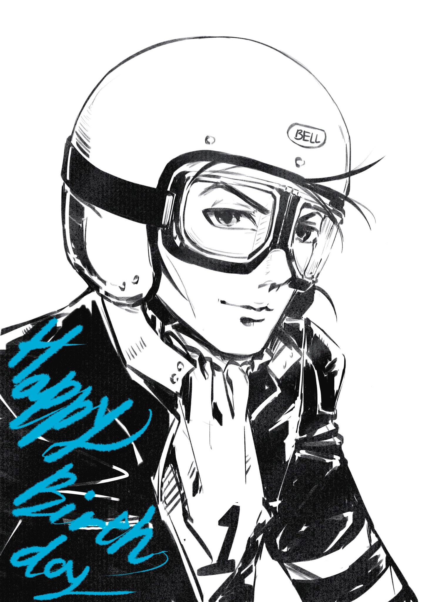 nanjou kei, persona, persona 1, chinese commentary, commentary request, highres, 1boy, ascot, catfish05, closed mouth, greyscale, happy birthday, helmet, jacket, looking at viewer, male focus, monochrome, motorcycle helmet, simple background, solo, upper body, white background