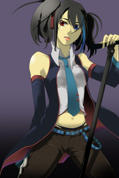 hyoooogo, yokune ruko, utau, vocaloid, bad id, bad pixiv id, 1girl, black hair, blue eyes, blue necktie, detached sleeves, female focus, headphones, heterochromia, microphone, microphone stand, necktie, red eyes, smile, solo, twintails