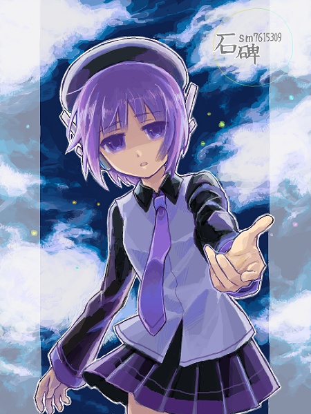 tsurumi (pixiv233690), utane uta, utau, 1girl, cloud, female focus, hat, headphones, necktie, night, purple eyes, purple hair, purple necktie, skirt, solo