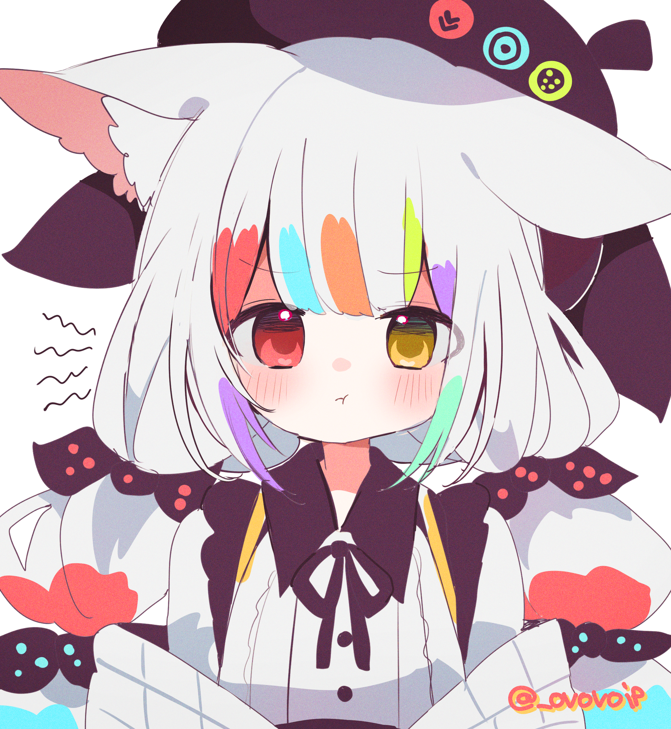 shirasuame shiromaru, jogasaki noah, mahou shoujo no majo saiban, absurdres, commentary request, highres, 1girl, animal ear fluff, animal ears, beret, blush, collared shirt, furrowed brow, hat, heterochromia, kemonomimi mode, long hair, looking at viewer, multi-tied hair, multicolored hair, neck ribbon, pout, red eyes, ribbon, shirt, solo, streaked hair, twitter username, white hair, white shirt, yellow eyes