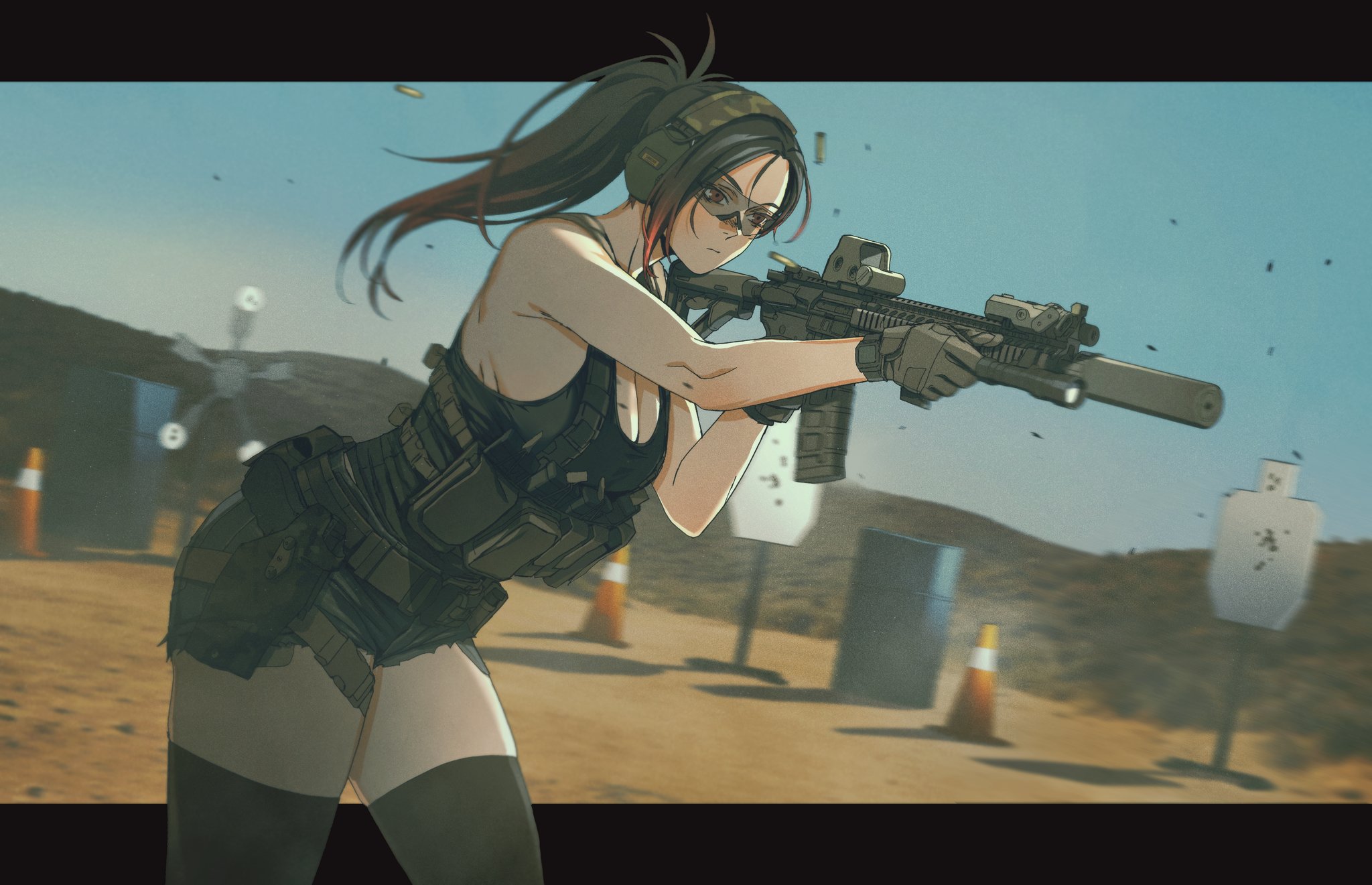 maxturbo69, commentary, english commentary, highres, 1girl, assault rifle, breasts, chest rig, firing, gun, handgun, holding, holding gun, holding weapon, legs, m4 carbine, magazine (weapon), military, ponytail, rifle, shooting range, short shorts, shorts, small breasts, suppressor, thighhighs, weapon