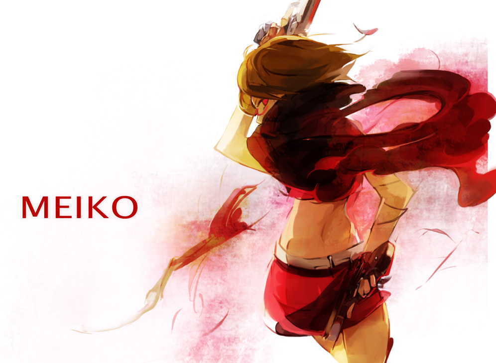 stecky, meiko (vocaloid), vocaloid, bad id, bad pixiv id, 1girl, arm behind back, blouse, brown hair, character name, covered mouth, cowboy shot, female focus, gun, looking back, midriff, red eyes, red shirt, red theme, shirt, short hair, solo, weapon, white background