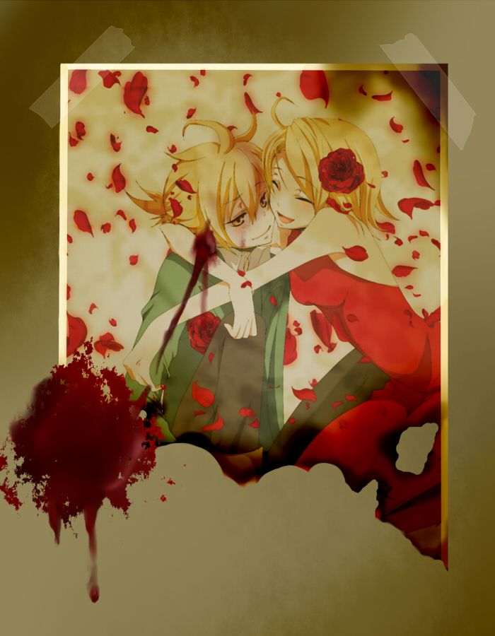 sayo (mutuha), allen avadonia, kagamine len, kagamine rin, riliane lucifen d'autriche, aku no musume (vocaloid), evillious nendaiki, vocaloid, bad id, bad pixiv id, photo (medium), 1boy, 1girl, blonde hair, blood, brother and sister, dress, flower, hug, petals, photo (object), rose, short hair, siblings, smile, twins, yellow eyes