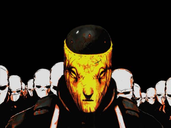 biomega, 6+boys, male focus, mask, multiple boys