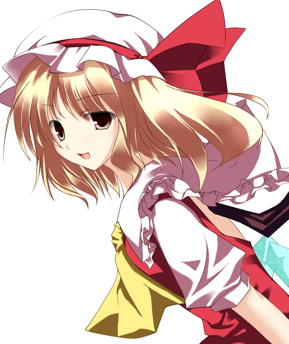 yuu yamiyo, flandre scarlet, touhou, bad id, bad pixiv id, 1girl, blonde hair, blouse, female focus, from side, hat, mob cap, one side up, ponytail, red eyes, ribbon, shirt, short hair, side ponytail, solo, white hat, white shirt, wings