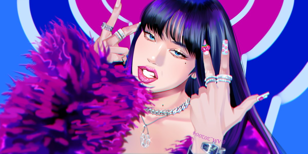 am 202004, lisa (blackpink), blackpink, real life, hashtag-only commentary, 1girl, black hair, blue eyes, bracelet, clenched teeth, eyeshadow, fake nails, jewelry, long hair, looking at viewer, makeup, mascara, mole, necklace, pink lips, ring, solo, teeth, twitter username