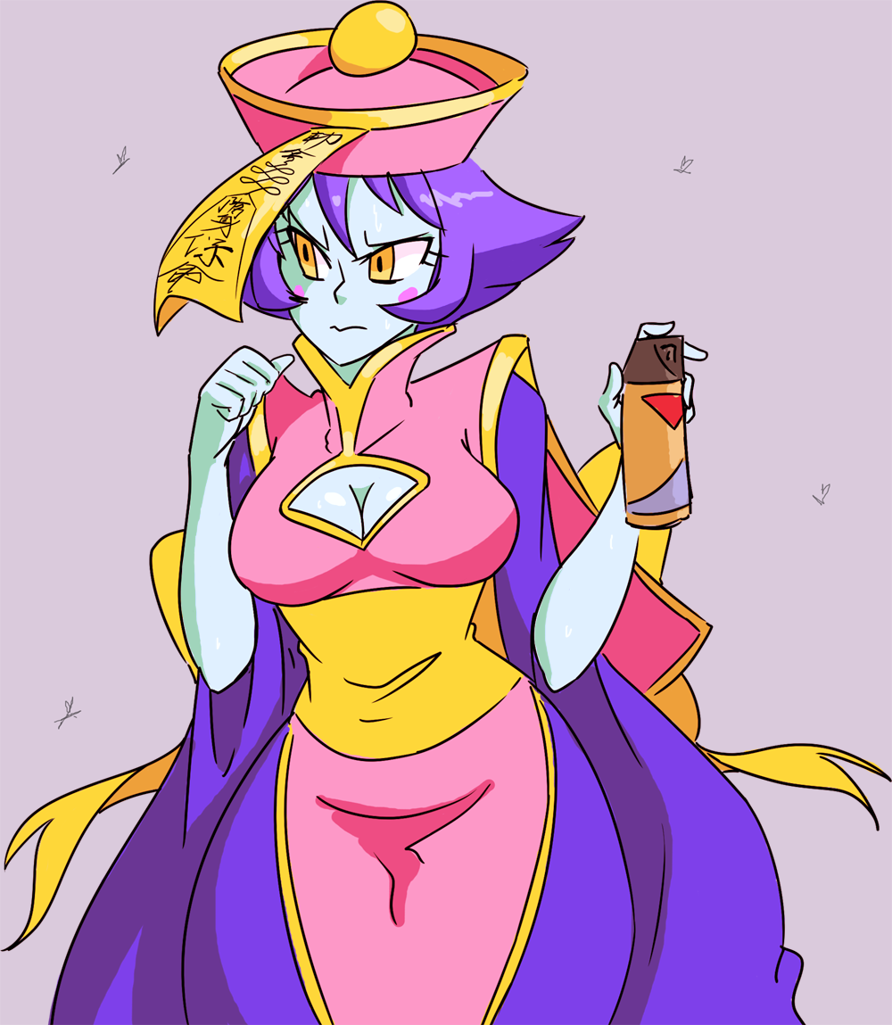 davewaterfalls, hate, hsien-ko, darkstalkers, 1girl, blue skin, breasts, bug, bug spray, chinese clothes, cleavage, colored skin, hat, jiangshi, purple hair, simple background, solo, ward, yellow eyes
