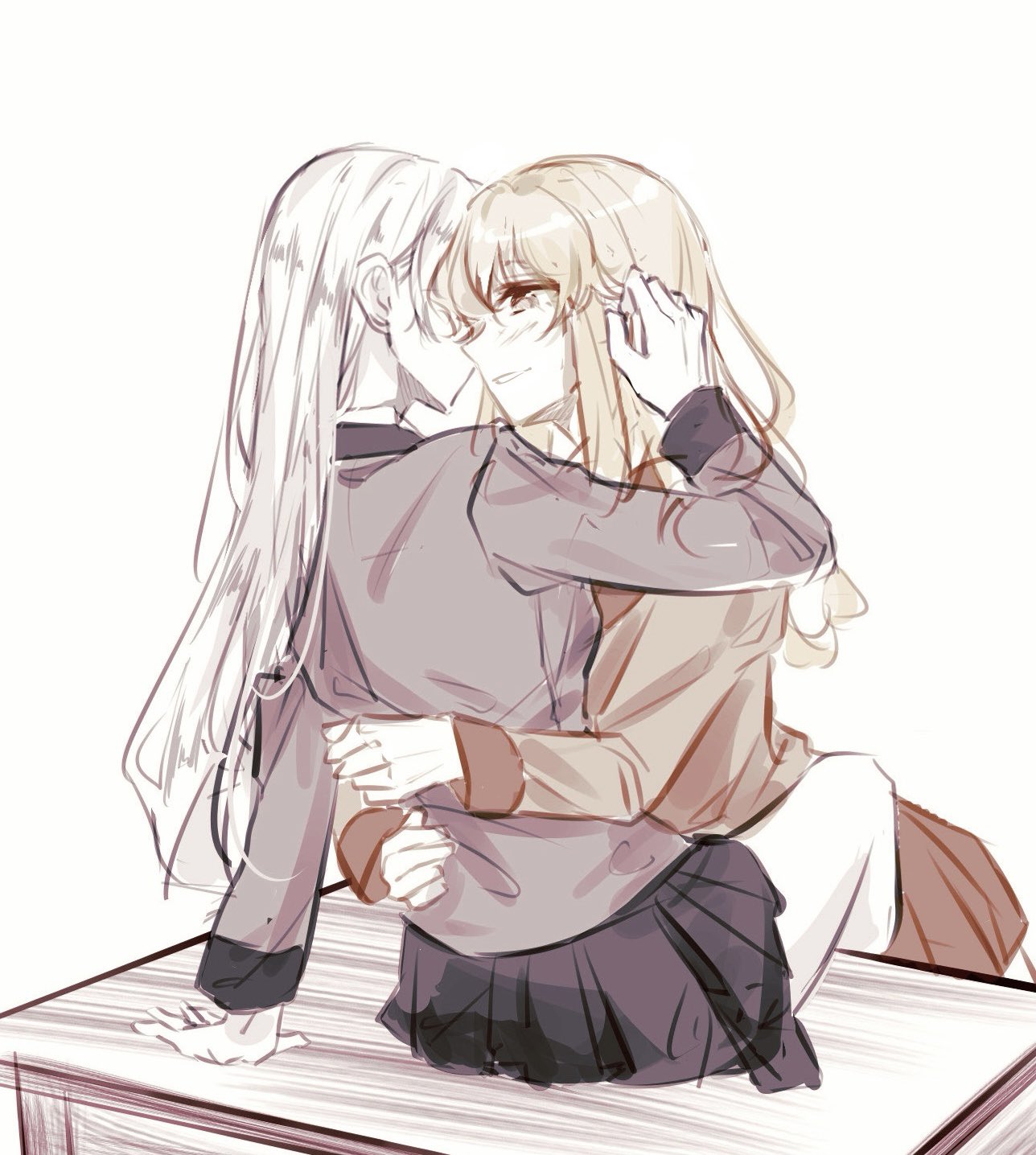 m10cmdesu, momobami ririka, saotome mary, kakegurui, commentary request, highres, 2girls, black skirt, blonde hair, grey eyes, grey shirt, grin, hands in another's hair, hug, long hair, long sleeves, looking at another, multiple girls, muted color, on table, orange shirt, pleated skirt, red skirt, school uniform, shirt, simple background, skirt, smile, table, white background, white hair, yuri