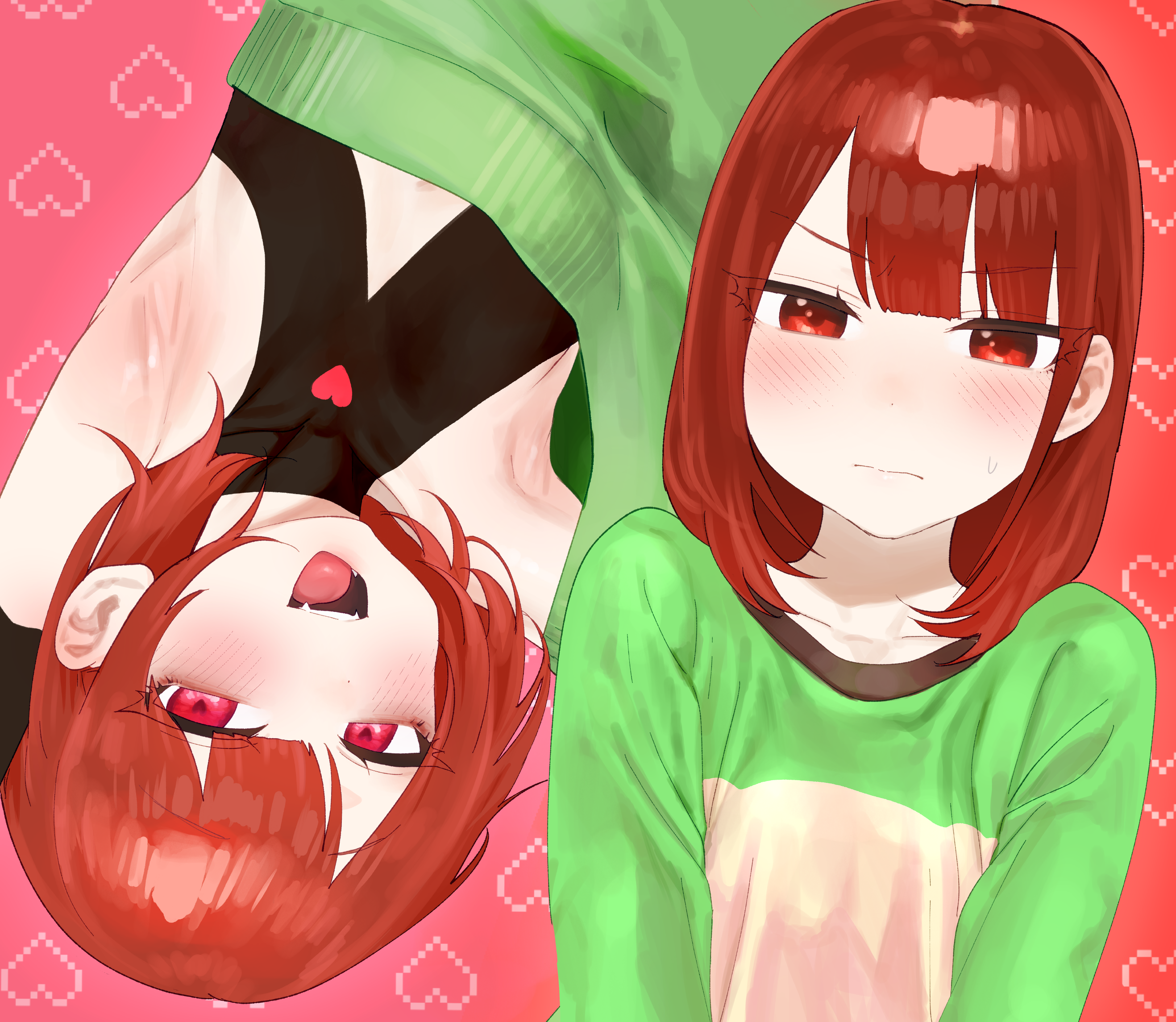 heart soma, chara (undertale), clothing request, commentary request, highres, tagme, 1other, armpits, blush, breasts, chara (underlust), collarbone, dual persona, embarrassed, eyeshadow, fangs, flat chest, green sweater, heart, heart-shaped pupils, heart background, loose clothes, loose shirt, makeup, medium breasts, shirt, smile, solo, striped clothes, striped sweater, sweatdrop, sweater, symbol-shaped pupils, tight clothes, underlust