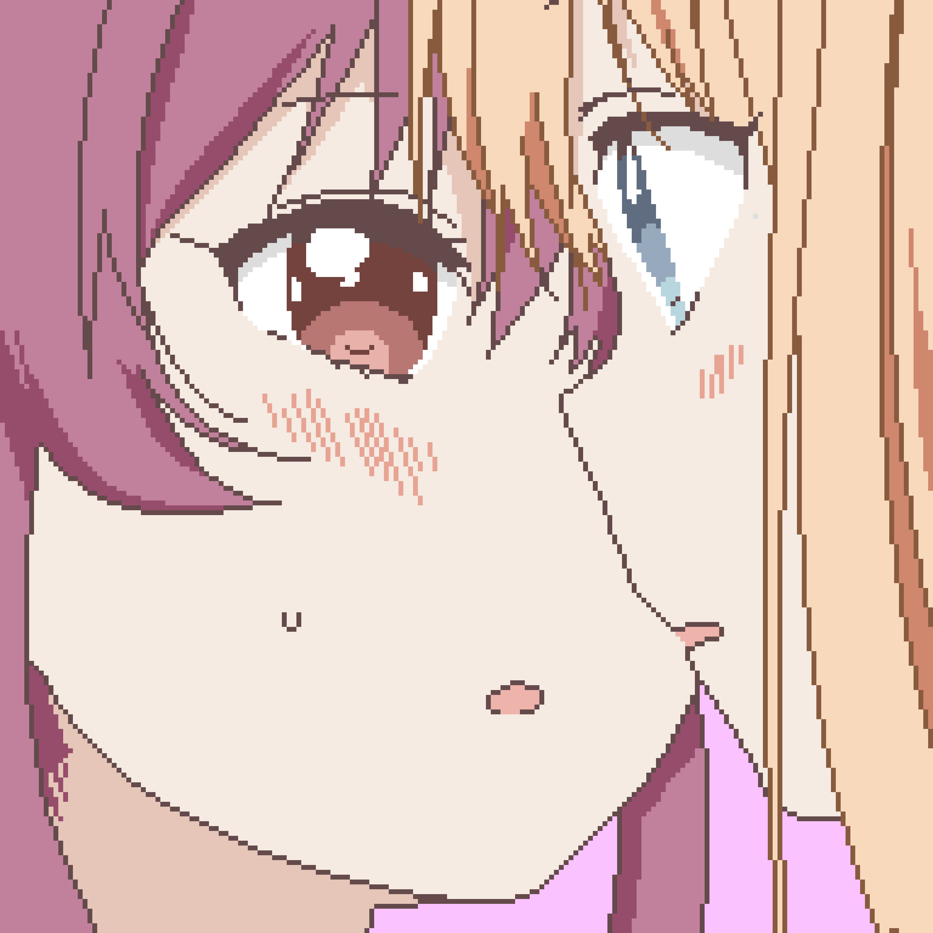 sugiura ayano, toshinou kyouko, yuruyuri, absurdres, commentary request, highres, 2girls, blonde hair, blush, close-up, eye contact, long hair, looking at another, multiple girls, parted lips, pixel art, purple hair, red eyes, sweatdrop, yuri, yuru kaze