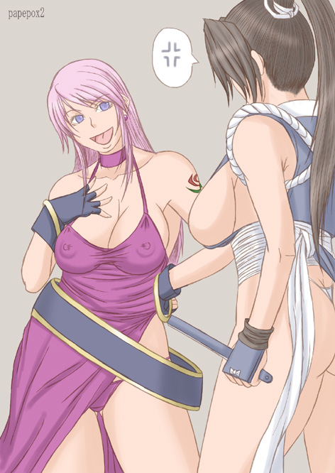 papepox2, b. jenet, shiranui mai, fatal fury, garou: mark of the wolves, kof: maximum impact, snk, the king of fighters, 2girls, anger vein, annoyed, ass, blue eyes, breasts, butt crack, cleavage, covered erect nipples, gloves, hand on own hip, large breasts, long hair, multiple girls, ninja, panties, pink hair, smile, tattoo, thong, underwear
