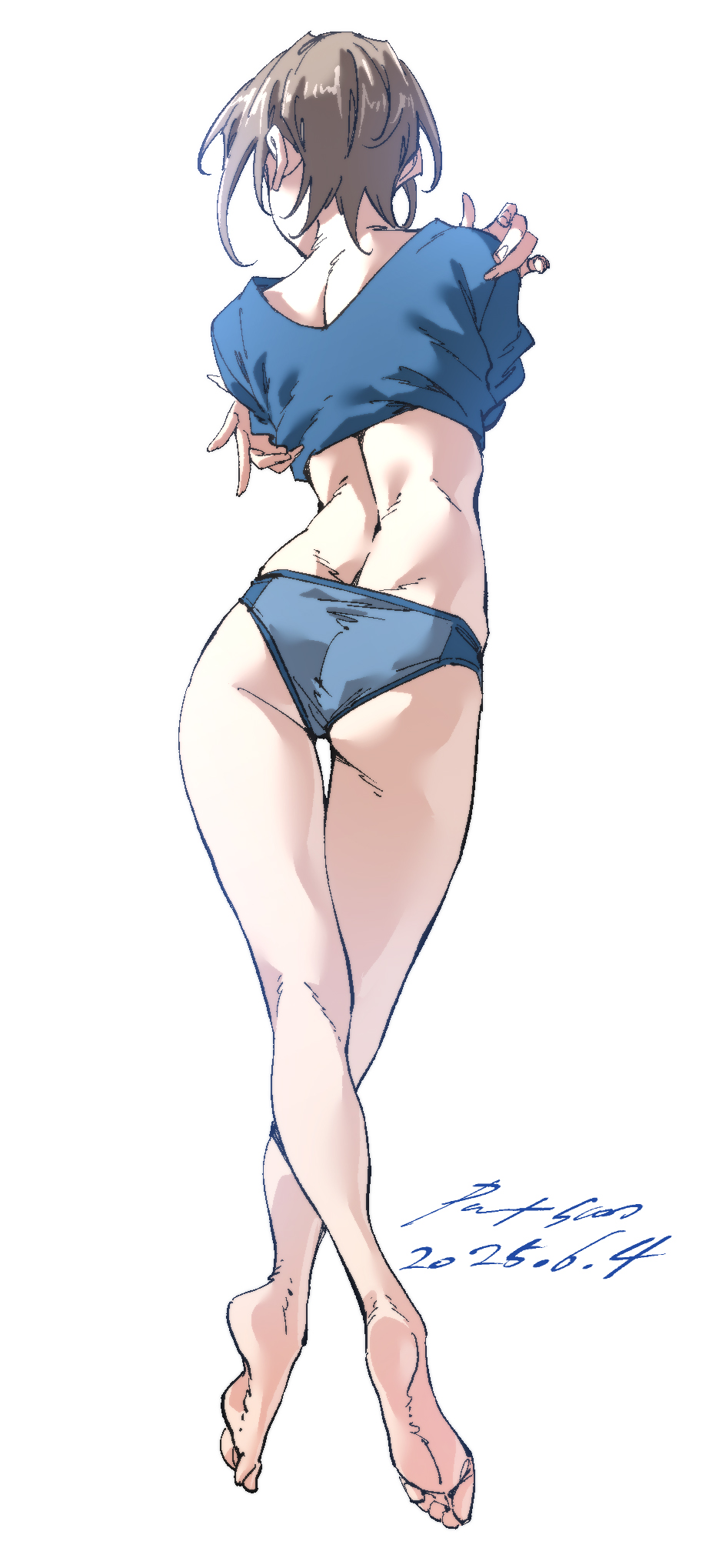 nabipenciller, original, highres, 1girl, ass, back, barefoot, blue panties, blue shirt, brown hair, facing away, feet, from behind, full body, legs, panties, self hug, shirt, short hair, simple background, soles, solo, thigh gap, toes, underwear, white background