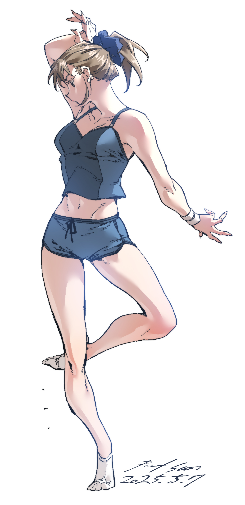 nabipenciller, original, highres, 1girl, breasts, brown eyes, brown hair, camisole, crop top, dolphin shorts, full body, looking to the side, navel, ponytail, profile, shorts, small breasts, solo, standing, standing on one leg