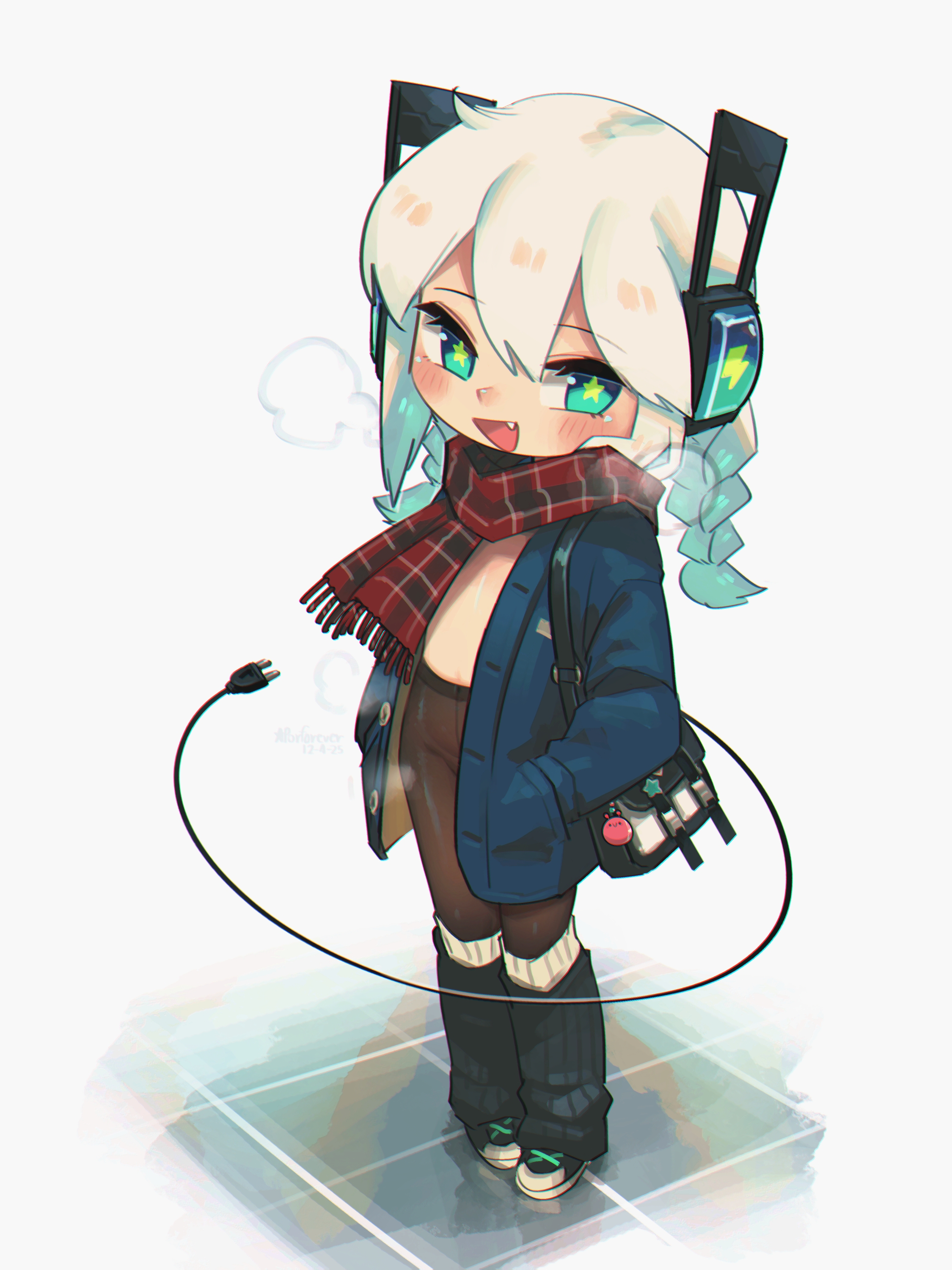 porforever, digitan (porforever), original, absurdres, commentary, english commentary, highres, 1girl, :d, aqua eyes, bag, black pantyhose, blue coat, blush, braid, breath, coat, electric plug, electric plug tail, fang, full body, groin, hair between eyes, hands in pockets, leg warmers, lightning bolt symbol, long hair, long sleeves, naked coat, open clothes, open coat, open mouth, pantyhose, plaid clothes, plaid scarf, robot ears, scarf, shoulder bag, simple background, smile, solo, standing, star-shaped pupils, star (symbol), steaming body, symbol-shaped pupils, tail, twin braids, white background, white hair, winter clothes