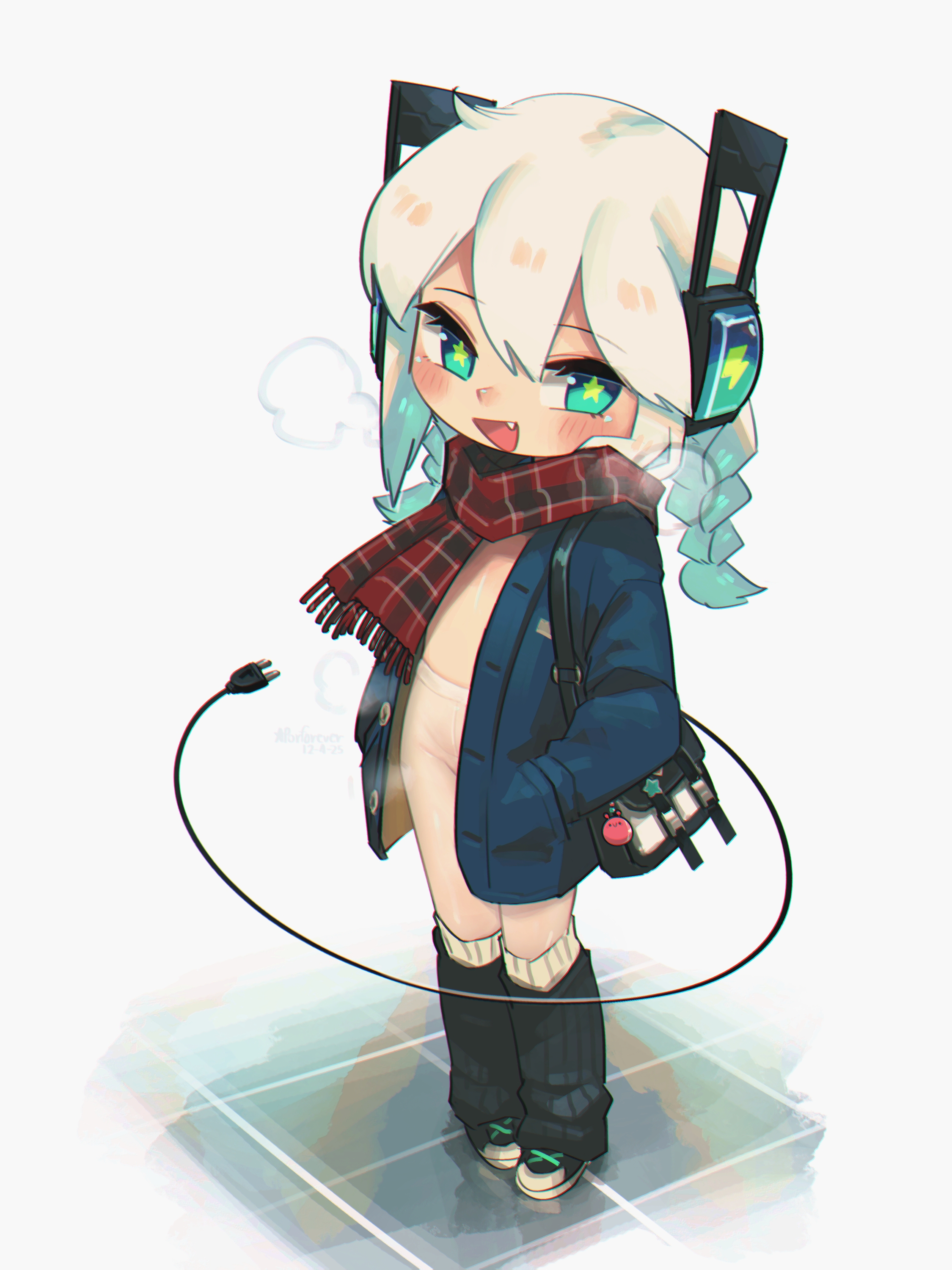 porforever, digitan (porforever), original, absurdres, commentary, english commentary, highres, 1girl, :d, aqua eyes, bag, blue coat, blush, braid, breath, coat, electric plug, electric plug tail, fang, full body, groin, hair between eyes, hands in pockets, leg warmers, lightning bolt symbol, long hair, long sleeves, naked coat, open clothes, open coat, open mouth, pantyhose, plaid clothes, plaid scarf, robot ears, scarf, shoulder bag, simple background, smile, solo, standing, star-shaped pupils, star (symbol), steaming body, symbol-shaped pupils, tail, twin braids, white background, white hair, white pantyhose, winter clothes