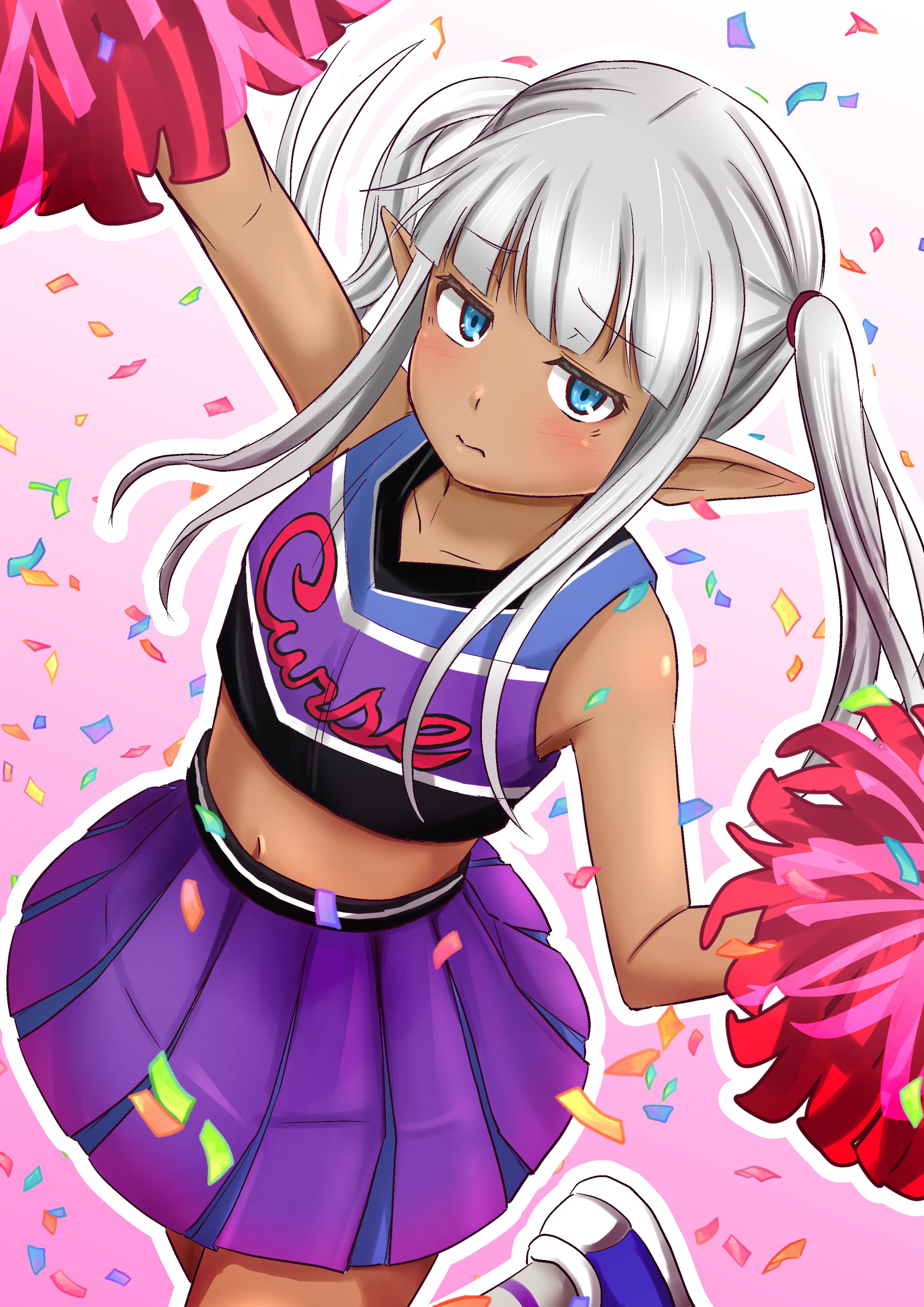 tannen ni hakkou, karla (kono healer mendokusai), kono healer mendokusai, absurdres, commentary, highres, official art, symbol-only commentary, 1girl, arm up, bare shoulders, blue eyes, blue shoes, blunt bangs, blush, cheering, cheerleader, closed mouth, confetti, crop top, dark-skinned female, dark elf, dark skin, elf, from above, frown, gradient background, grey hair, holding, holding pom poms, long hair, long sidelocks, looking at viewer, midriff, pink background, pleated skirt, pointy ears, pom pom (cheerleading), pom poms, purple skirt, shirt, shoes, sidelocks, skirt, sleeveless, sleeveless shirt, sneakers, socks, solo, twintails, white socks