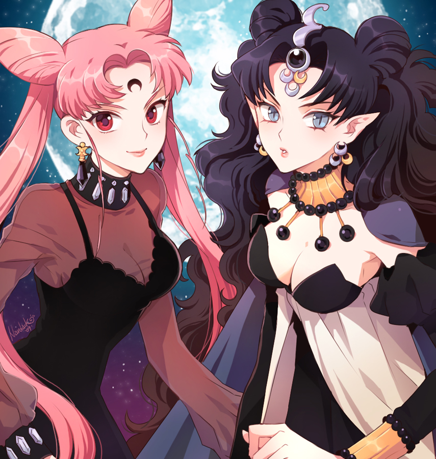 nardack, black lady (sailor moon), chibi usa, nehelenia (sailor moon), bishoujo senshi sailor moon, bishoujo senshi sailor moon r, bishoujo senshi sailor moon supers, 1990s (style), 2girls, aged up, black hair, blue eyes, breasts, choker, cleavage, cone hair bun, crescent, crescent facial mark, double bun, earrings, elf, facial mark, forehead mark, full moon, hair bun, jewelry, lipstick, long hair, makeup, moon, multiple girls, pink hair, pointy ears, red eyes, retro artstyle, see-through clothes, slit pupils, smile, twintails, very long hair, wavy hair