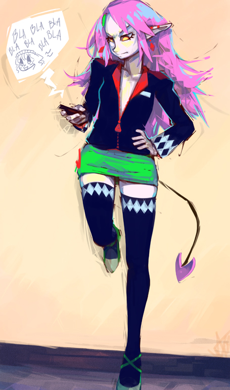 woofycakes, original, bad id, bad pixiv id, cellphone, demon tail, earrings, jewelry, legs, orange eyes, phone, pink hair, solo, tail, thighhighs