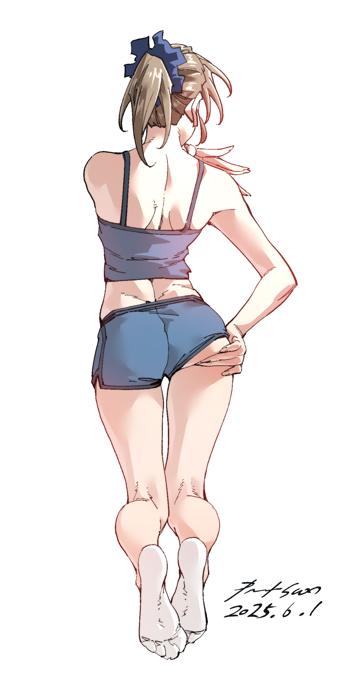 nabipenciller, original, highres, 1girl, ass, ass support, brown hair, camisole, crop top, dolphin shorts, facing away, from behind, full body, ponytail, shorts, simple background, socks, solo, white background