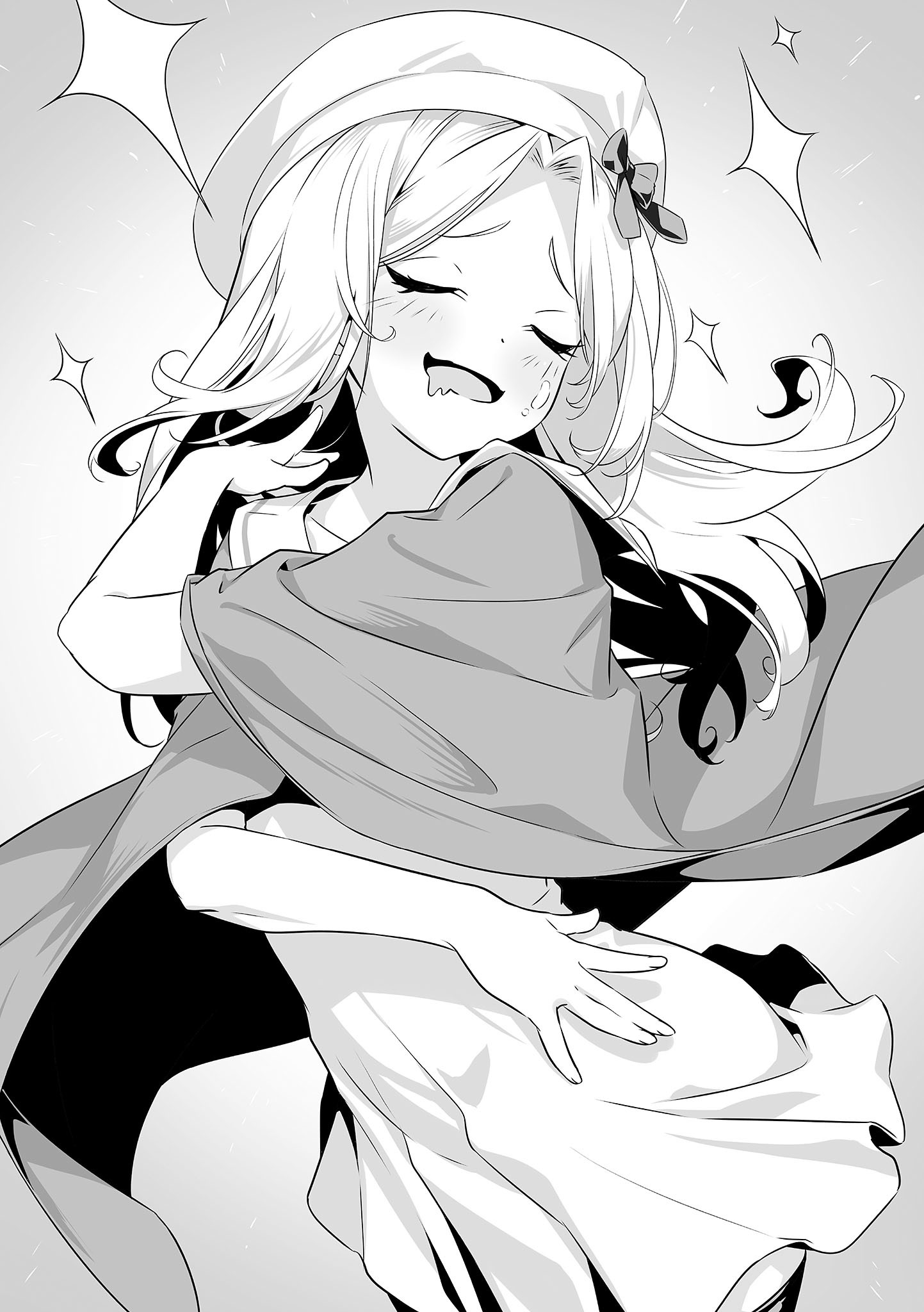 nilitsu, frenda seivelun, toaru anbu no item, toaru majutsu no index, highres, novel illustration, official art, 1girl, blush, breasts, capelet, closed eyes, collarbone, dot nose, dress, drooling, female focus, flat chest, hat, kneehighs, long hair, miniskirt, monochrome, open mouth, sailor collar, short sleeves, skirt, small breasts, socks, solo, solo focus, thighhighs, zettai ryouiki