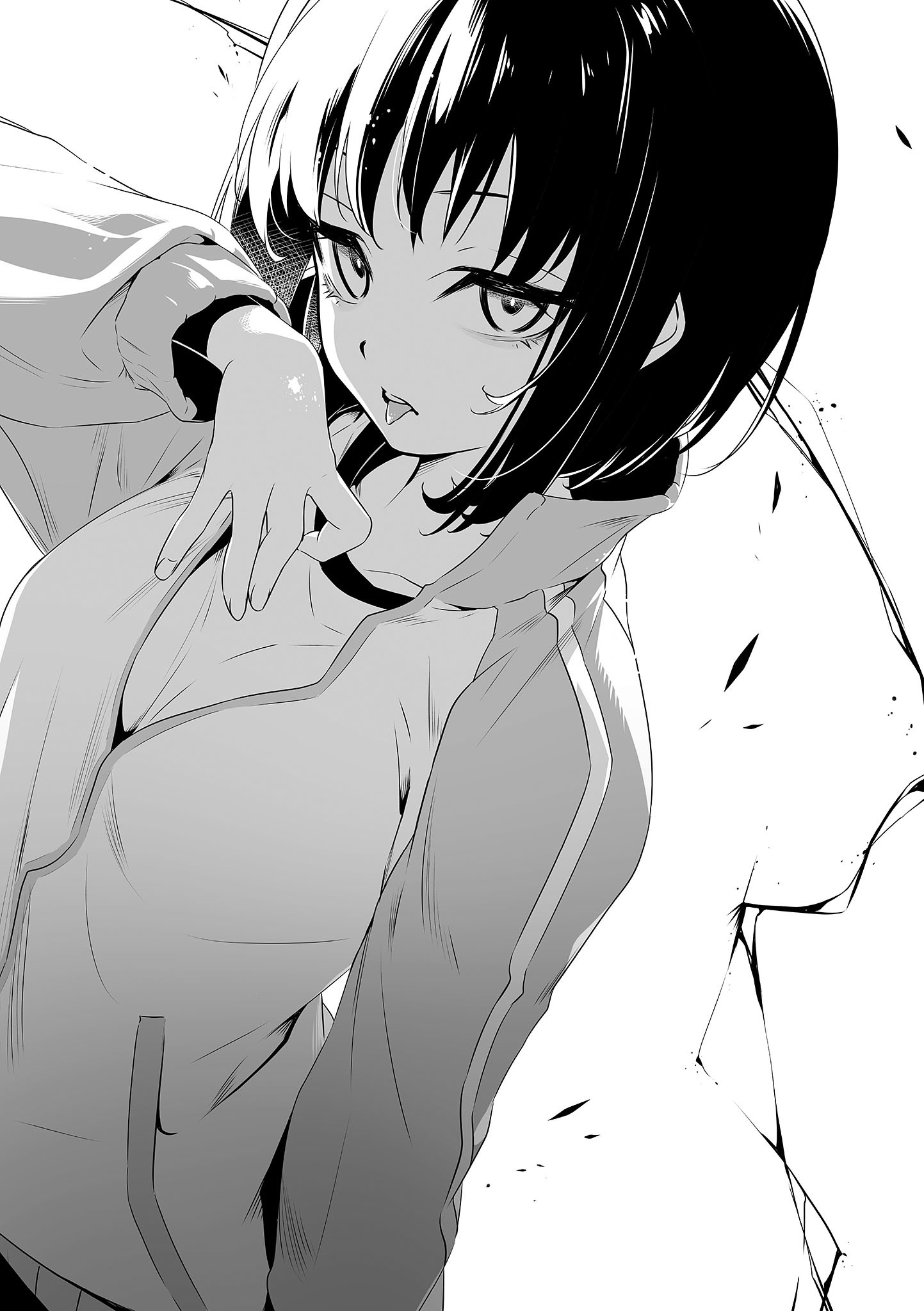 nilitsu, takitsubo rikou, toaru anbu no item, toaru majutsu no index, highres, novel illustration, official art, 1girl, breasts, collarbone, female focus, jacket, large breasts, long sleeves, looking at viewer, medium hair, monochrome, no bra, open mouth, shirt under jacket, solo, solo focus, teeth, tongue, tongue out, upper teeth only