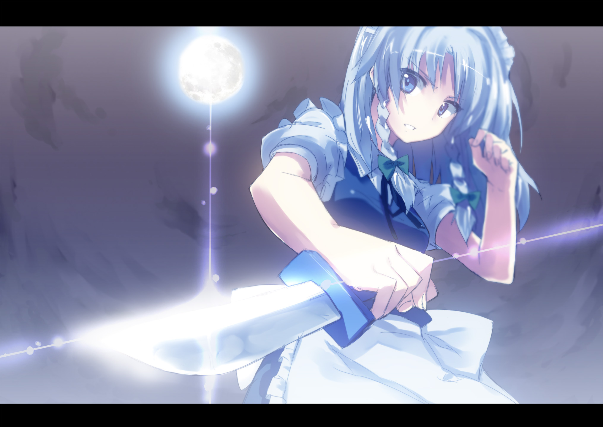 h@ll, izayoi sakuya, touhou, silver hair, bad id, bad pixiv id, highres, 1girl, blue eyes, braid, female focus, fighting stance, knife, letterboxed, moon, solo, throwing knife, twin braids, weapon
