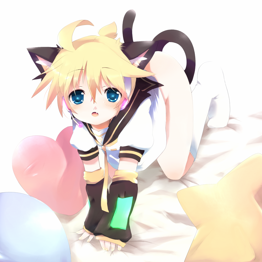 suzugo@erorin, kagamine len, vocaloid, bad id, bad pixiv id, 1boy, all fours, androgynous, animal ears, aqua eyes, bed, blonde hair, bottomless, cat boy, cat ears, cat tail, crawling, detached sleeves, headset, male focus, nail polish, open mouth, pillow, school uniform, short hair, socks, solo, tail