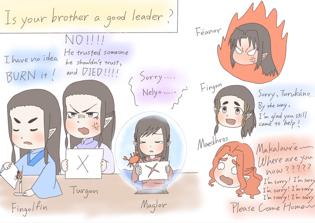 pujojoi, feanor, fingolfin, fingon, maedhros, maglor, turgon, the silmarillion, tolkien's legendarium, source request, spoilers, 6+boys, anger vein, angry, animal, black hair, braid, brothers, candle, character name, chibi, claws, closed eyes, cousins, crab, elf, english text, father and son, male focus, multiple boys, no mouth, no pupils, open mouth, parted bangs, pointy ears, red hair, siblings, sidelocks, sign, uncle and nephew, upper body, water