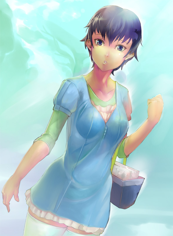 mikel (4hands), shirogane naoto, atlus, persona, persona 4, sega, 1girl, elbow carry, female focus, solo, thighhighs, zettai ryouiki