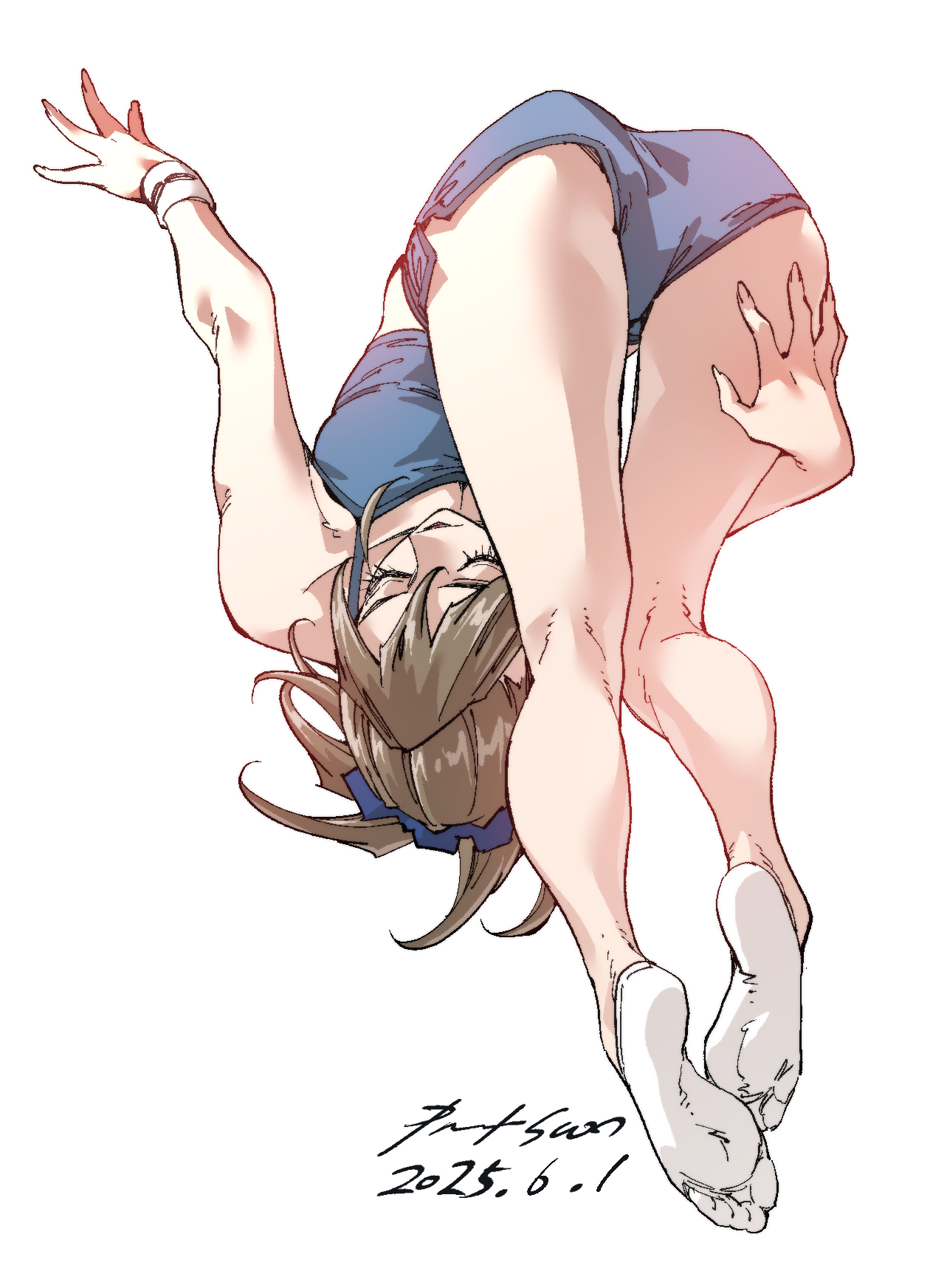 nabipenciller, original, highres, 1girl, ass, bare legs, brown hair, camisole, closed eyes, crop top, dolphin shorts, flexible, full body, legs, ponytail, shorts, socks, solo, stretching, thigh gap