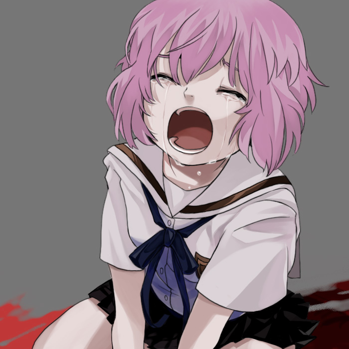 makino (sinobusan), houjou kuniko, shangri-la, bad id, bad pixiv id, 00s, 1girl, closed eyes, crying, female focus, kneeling, open mouth, pink hair, sad, school uniform, short hair, skirt, sobbing, solo, tears