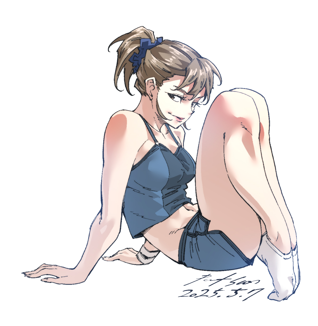 nabipenciller, original, highres, 1girl, breasts, brown eyes, brown hair, camisole, crop top, dolphin shorts, full body, knees up, light smile, looking at viewer, navel, ponytail, shorts, sitting, small breasts, socks, solo