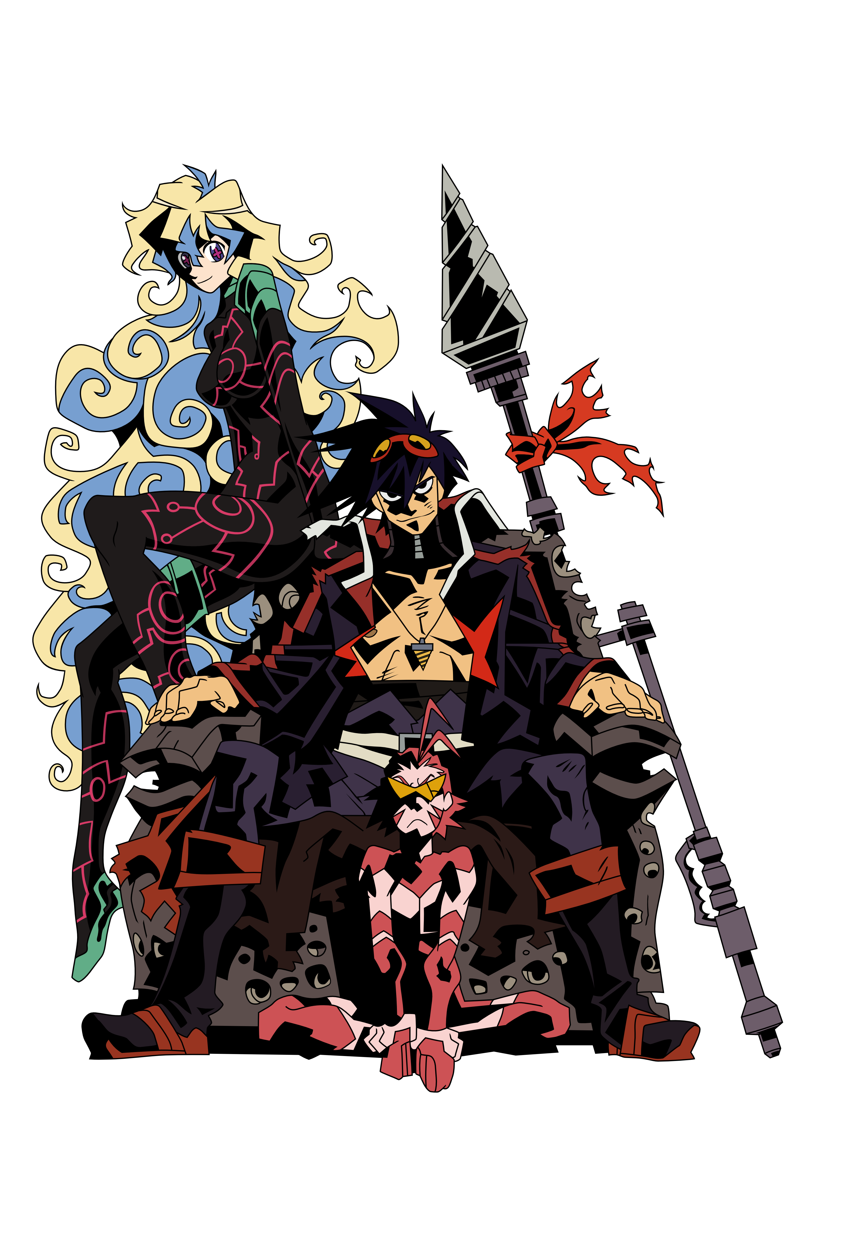 antispiral nia, boota (ttgl), nia teppelin, simon (ttgl), tengen toppa gurren lagann, absurdres, derivative work, highres, spoilers, vector trace, + +, 00s, 1girl, 2boys, blonde hair, blue eyes, blue hair, bodysuit, breasts, choker, core drill, cross-shaped pupils, drill, frown, goggles, jacket, long coat, multicolored hair, multiple boys, neon trim, personification, polearm, sitting, skin tight, smile, spear, sunglasses, symbol-shaped pupils, transparent background, two-tone hair, weapon