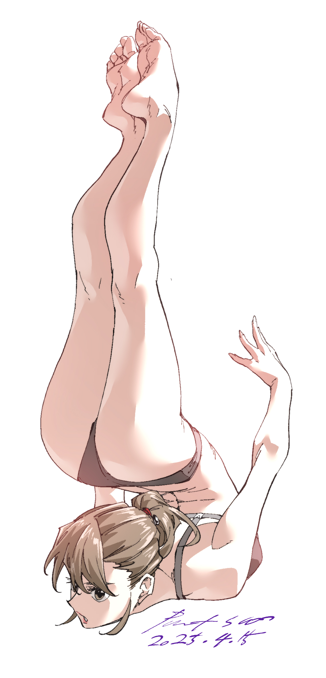 nabipenciller, original, highres, 1girl, ass, barefoot, black panties, breasts, brown eyes, brown hair, chest stand, exercising, feet, flexible, full body, legs, looking to the side, panties, ponytail, small breasts, soles, solo, sports bra, toes, underwear