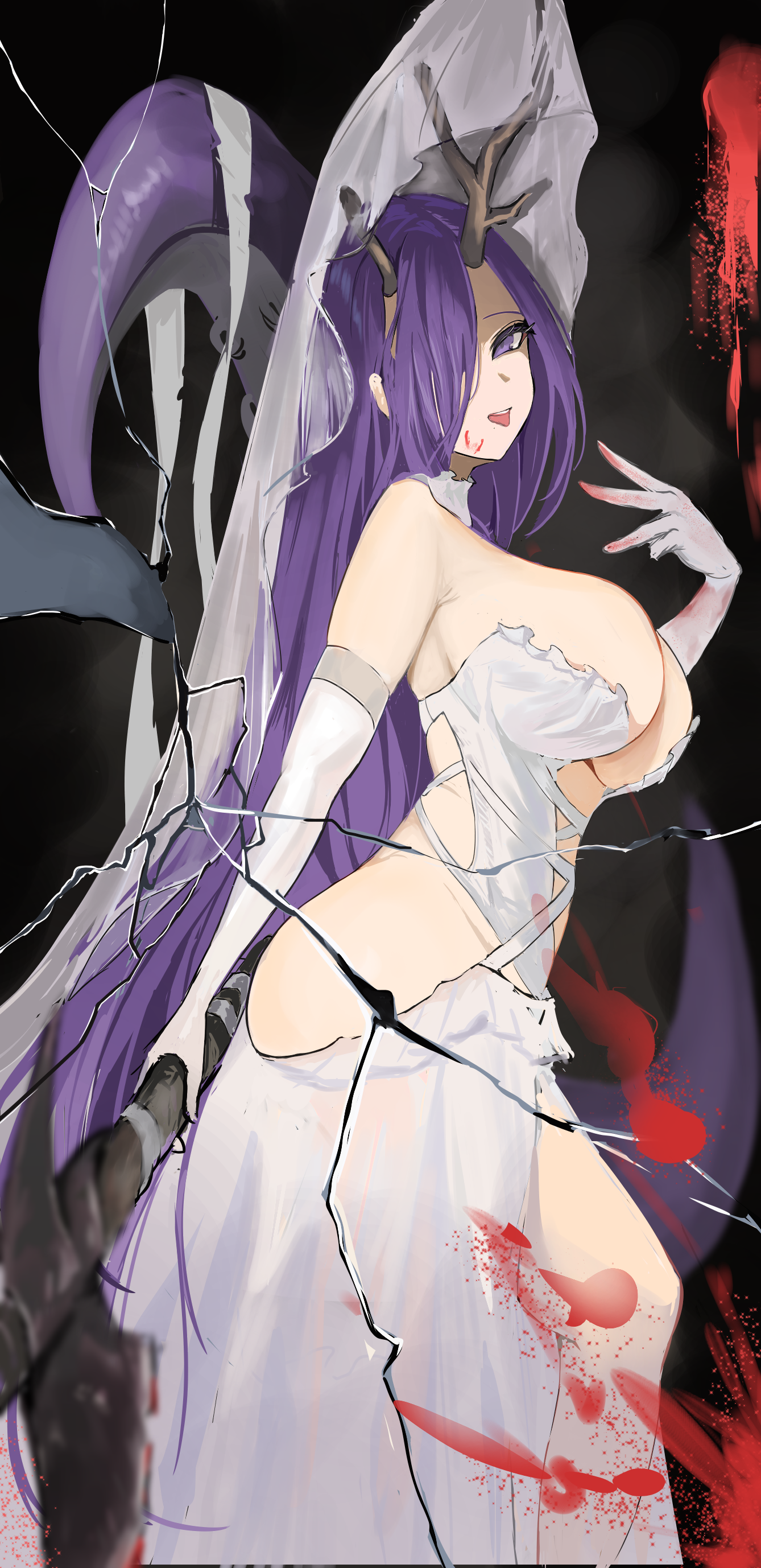 chunchilin, golden hind (azur lane), golden hind (forlorn femme fatale) (azur lane), azur lane, absurdres, commentary request, highres, 1girl, antlers, ass, axe, bare shoulders, breasts, broken mirror, dress, elbow gloves, gloves, hair over one eye, holding, holding axe, horns, huge breasts, long hair, looking at viewer, mirror, official alternate costume, open mouth, purple eyes, purple hair, reindeer antlers, solo, suction cups, tentacles, very long hair, white dress, white gloves