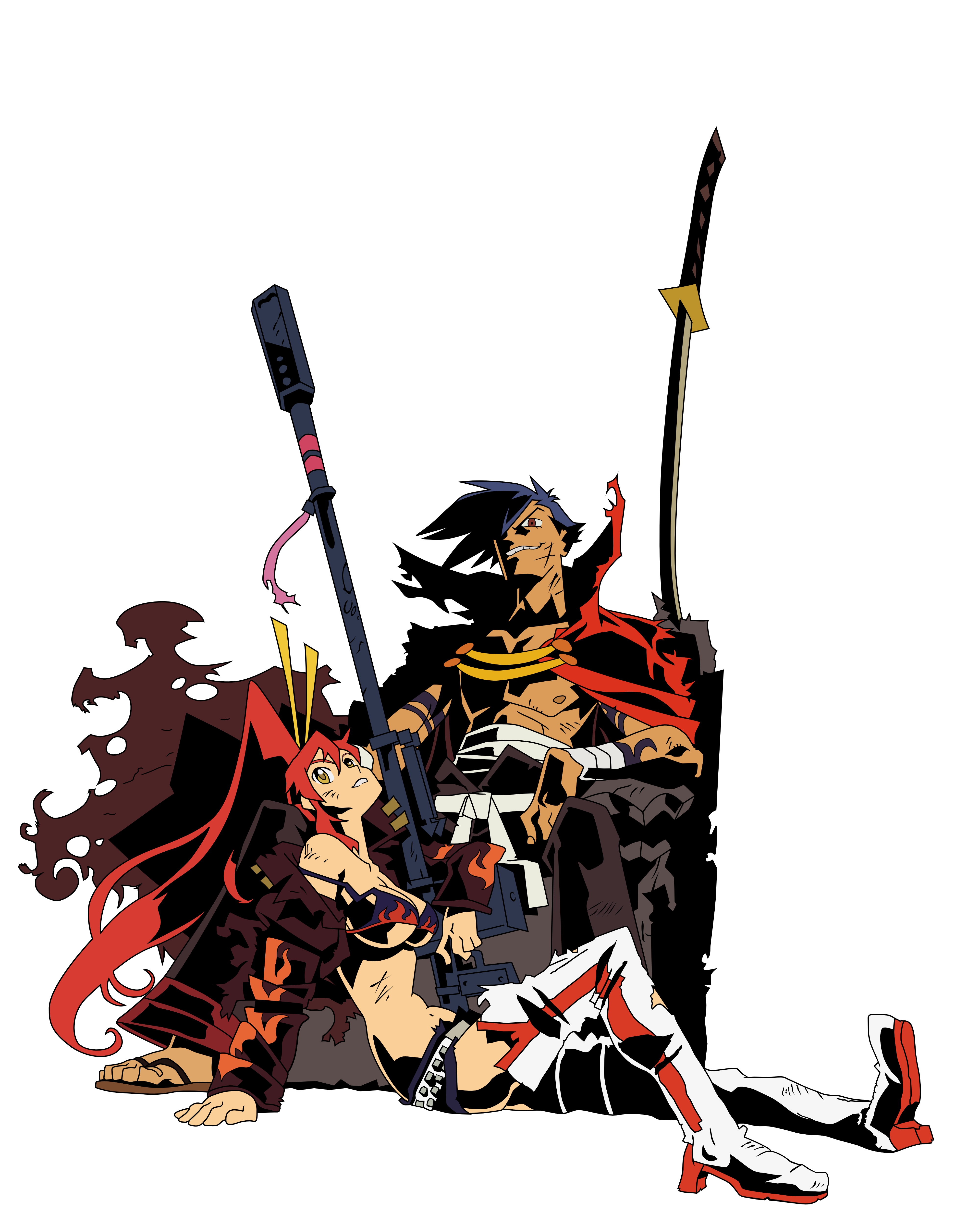 imaishi hiroyuki, kamina (ttgl), yoko littner, tengen toppa gurren lagann, absurdres, derivative work, highres, vector trace, 00s, boots, cape, gun, rifle, sarashi, sword, thighhighs, transparent background, weapon