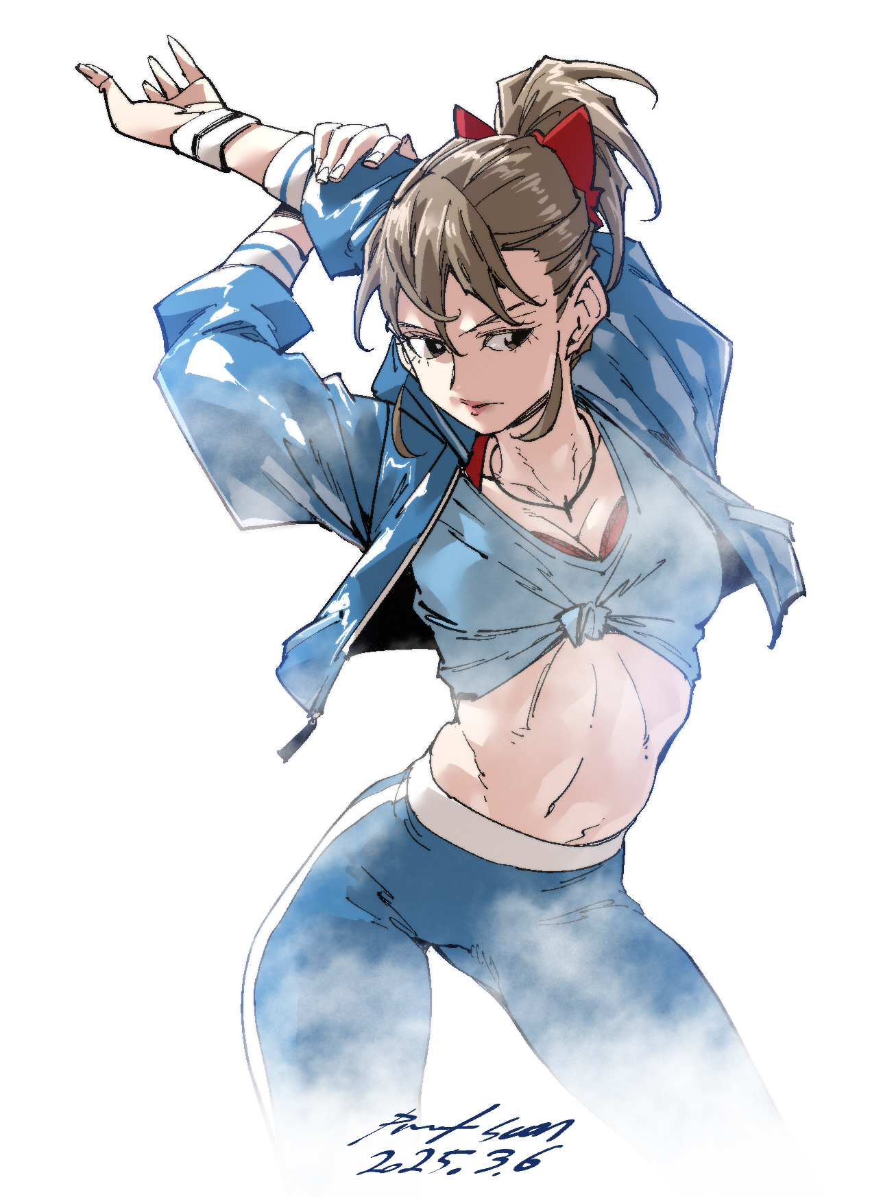 nabipenciller, original, highres, 1girl, breasts, brown eyes, brown hair, jacket, jewelry, navel, necklace, open clothes, open jacket, pants, ponytail, shirt, small breasts, solo, stretching, tied shirt, track pants