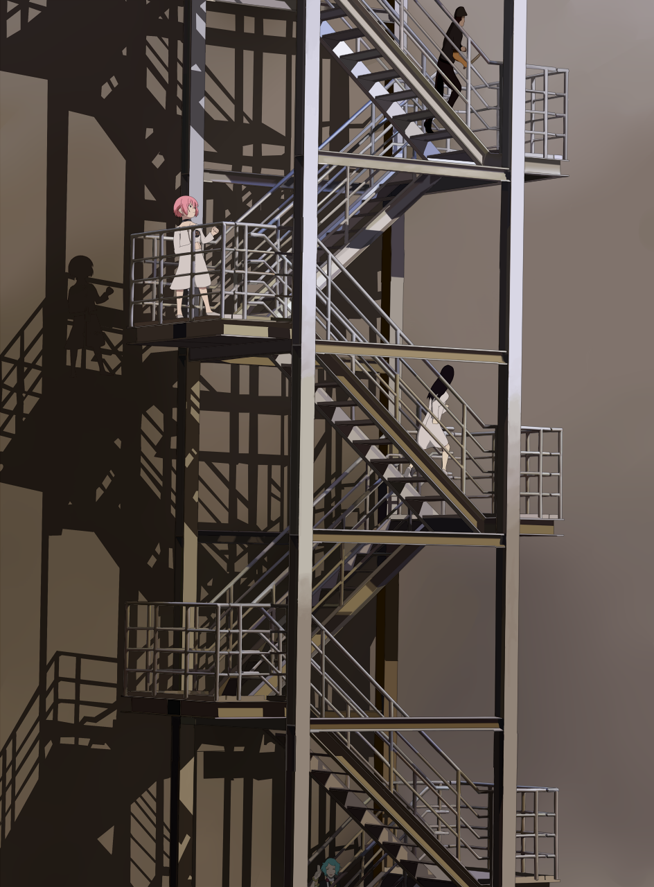 jin (pixiv), koyuki keesuke, houjou kuniko, momoko (shangri-la), shangri-la, highres, 00s, 1boy, 3girls, aqua hair, black hair, child, dress, long hair, multiple girls, pink hair, shadow, shield, short hair, stairs