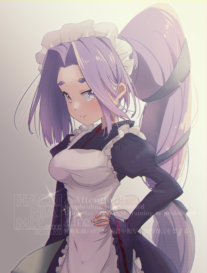 kimura shiki, hatsuharu (kancolle), kantai collection, commentary request, 1girl, alternate costume, apron, black dress, breasts, dress, enmaided, frilled apron, frills, gradient background, grey background, hair intakes, hand on own hip, maid, maid headdress, medium breasts, ponytail, purple eyes, purple hair, solo, standing, tray, watermark, white apron