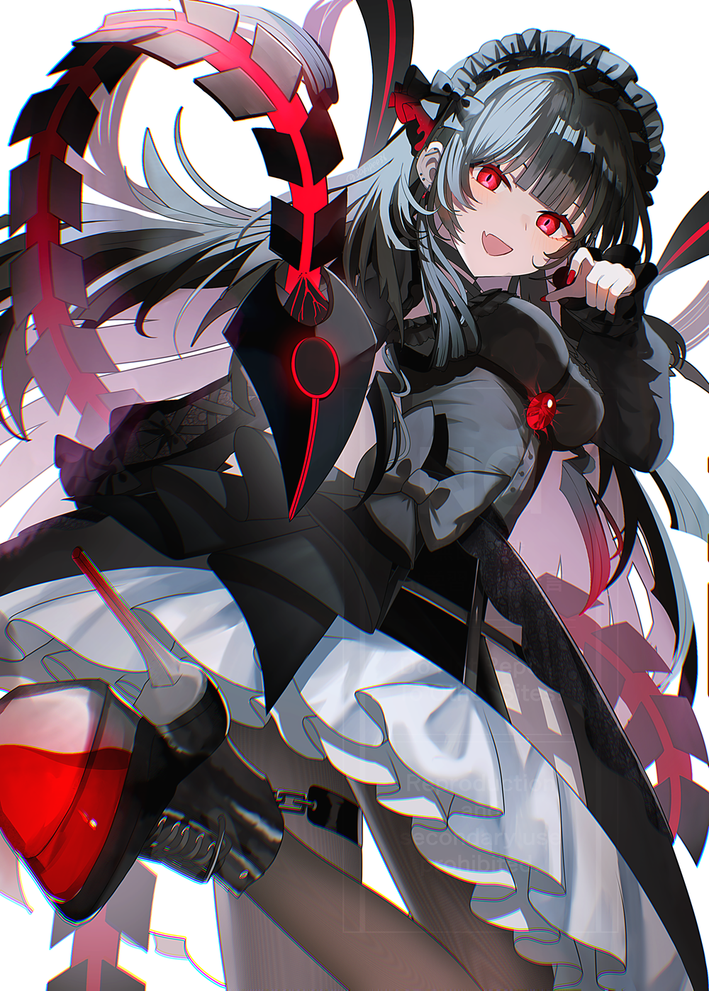 sakizaki saki-p, original, commentary request, highres, 1girl, arthropod girl, black boots, black dress, black hair, black headdress, boots, breasts, brown pantyhose, colored inner hair, dress, fang, high heel boots, high heels, leg up, long hair, long sleeves, looking at viewer, maid headdress, multicolored hair, open mouth, pantyhose, red eyes, red hair, red nails, scorpion girl, scorpion tail, skin fang, smile, tail, very long hair, watermark