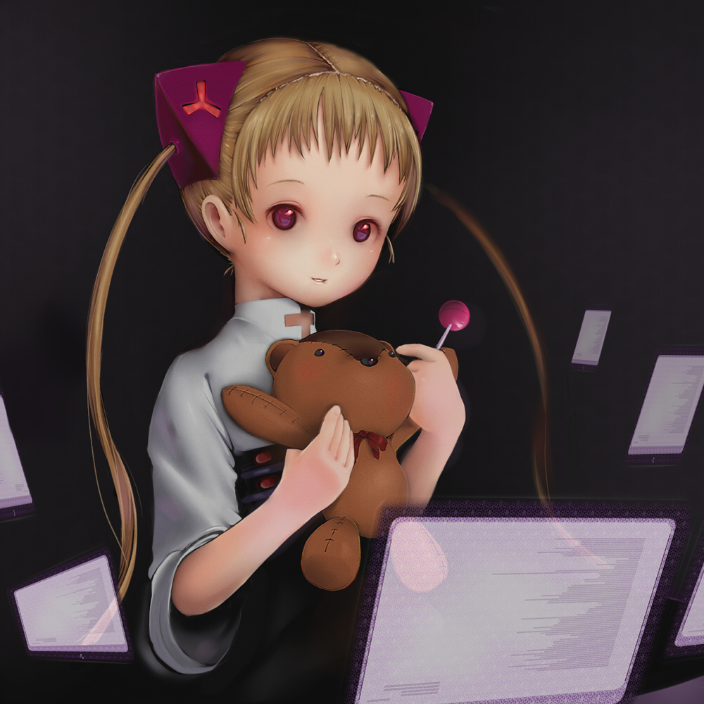 nocchi (nottiri), ishida karin, shangri-la, bad id, bad pixiv id, 00s, bear, brown hair, candy, child, food, hair ornament, lollipop, long hair, red eyes, stuffed animal, stuffed toy, teddy bear, twintails