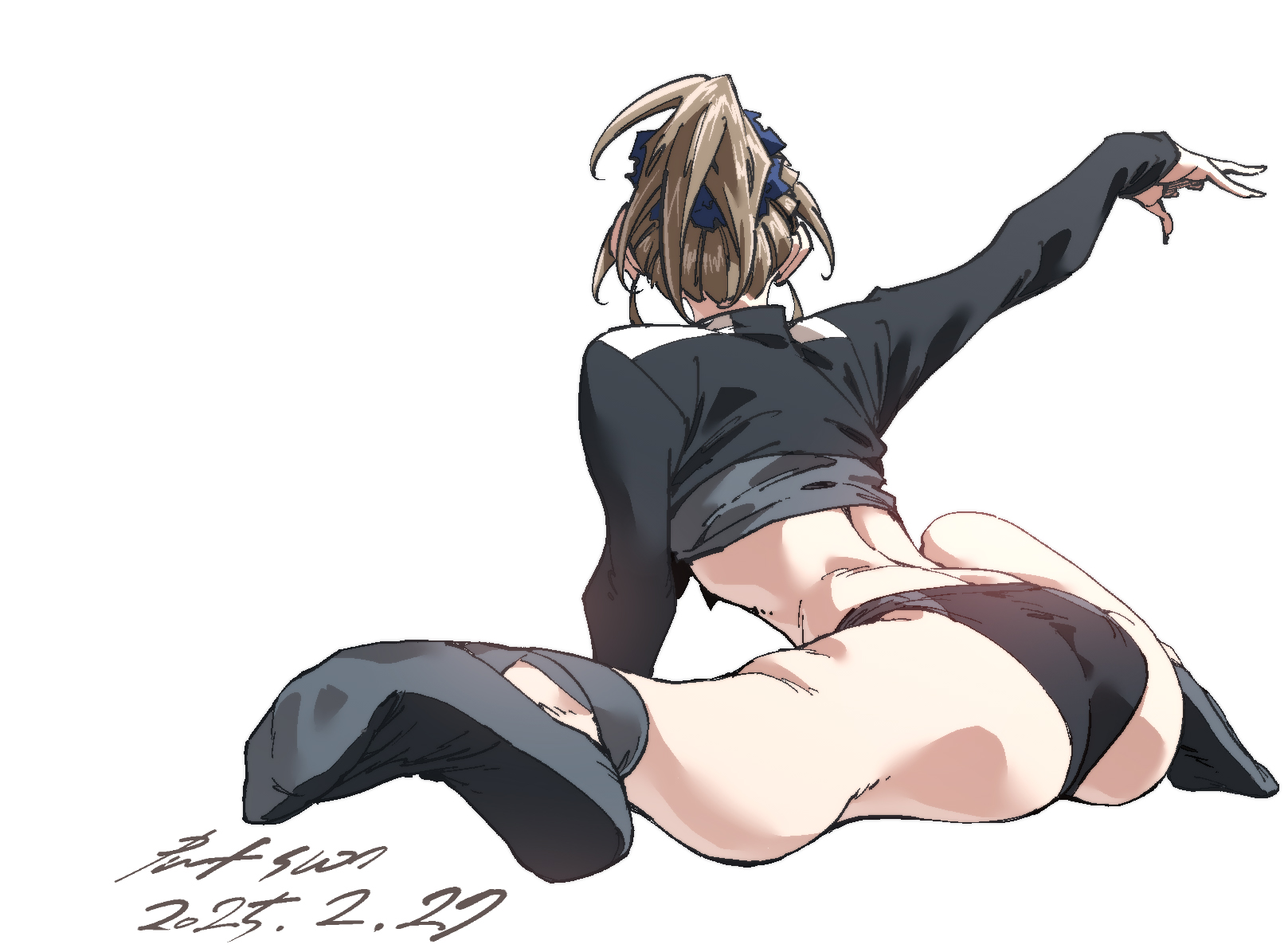 nabipenciller, original, highres, 1girl, arm up, ass, ballet slippers, black panties, brown hair, crop top, facing away, flexible, full body, panties, ponytail, shrug (clothing), solo, stretching, underwear